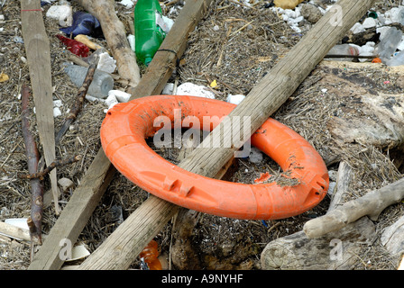 Red salvagente lavato con driftwood Foto Stock
