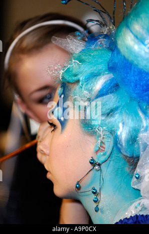 Trucco artista che lavora su una donna faccia fare artistico e body art Foto Stock