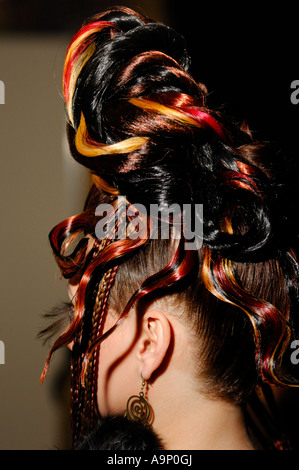 Donna con creative stile di capelli colorati e serrature tinti in trecce di capelli di acconciatura coiffure design Foto Stock