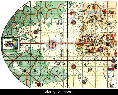 Mappa dell'Atlantico con il nuovo mondo costa disegnato nel 1500 da Juan de la cosa pilota per Columbus. Colorate a mano la xilografia Foto Stock