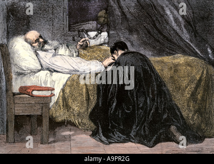 La morte di Cristoforo Colombo in povertà in Spagna 1506. Colorate a mano la xilografia Foto Stock