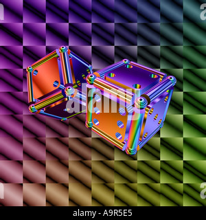 Due dadi di fronte metalliche colorate cercando sfondo Foto Stock