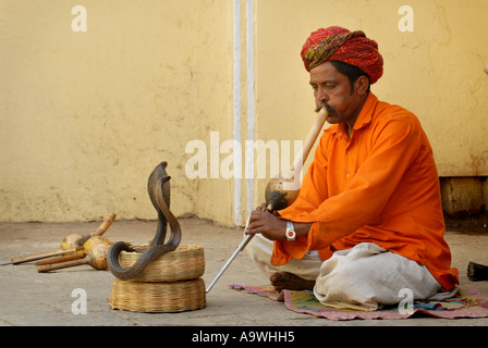 Il serpente incantatore dentro il palazzo della città museo Jaipur la città rosa del Rajasthan in India Foto Stock