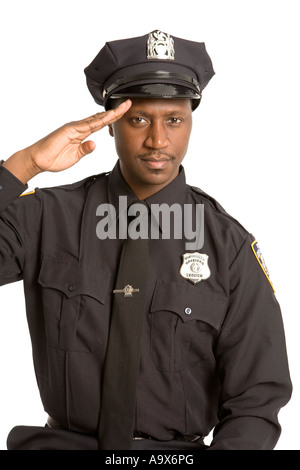 Giovane nero American police officer salutando la telecamera Foto Stock
