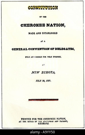 Pagina del titolo di Costituzione della Nazione Cherokee 1827 New Echota Georgia. Xilografia con un lavaggio ad acquerello Foto Stock