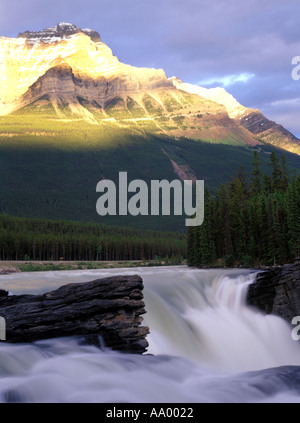 Cascate Athabasca e Mt Kerkeslin nella gamma Maligne visto da Cascate Athabasca belvedere sulla Icefields Parkway, Alberta Foto Stock