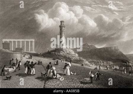 Edimburgo, Scozia. Il Calton Hill, Nelson's Monument. Il monumento nazionale. Dal dipinto originale di Lt Col Batty F R S Foto Stock