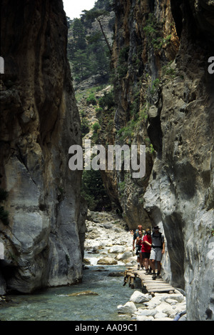 Un piccolo gruppo di escursionisti che negoziano la passerella lungo il fiume limpido presso la porta di ferro verticale nella gola di Samaria, Creta sotto il sole Foto Stock