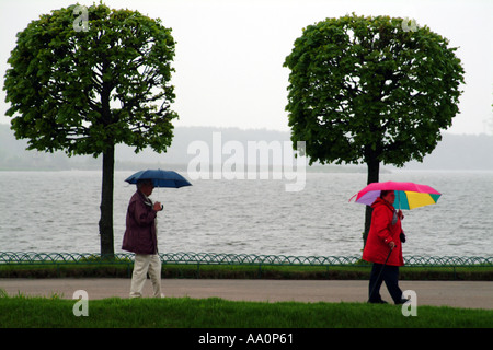 Peterhof vicino a San Pietroburgo Russia giovane a piedi sotto la pioggia Golfo di Finlandia Foto Stock
