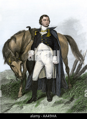 American generale Nathanael Greene accanto al suo cavallo. Colorate a mano incisione in acciaio Foto Stock