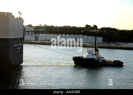 Il rimorchiatore Adsteam Woona utilizza il pieno potere di tirare il veicolo futuro Trans 6 come lei si prepara per la partenza sul Porto di Sydney Foto Stock