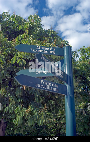 Parigi FRANCIA, Parchi urbani, cartello direzionale nel cartello "Jardin du Luxembourg" "Luxembourg Gardens" Foto Stock