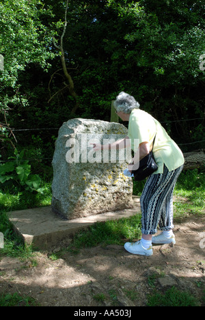 Marcatura di pietra sorgente del fiume Tamigi, nel Gloucestershire, England, Regno Unito Foto Stock