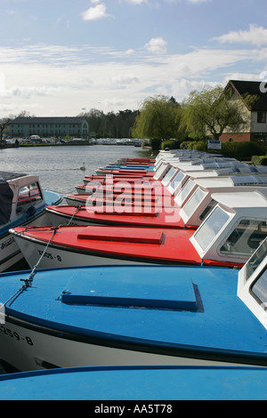 Colorato noleggio barche ormeggiate a Wroxham sul popolare e turistico vacanza familiare destinazione Norfolk Broads Inghilterra Foto Stock