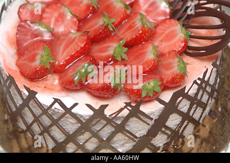 ANG103866 cibo Mousse di fragole torta decorata con fragole e cioccolato net Dessert per compleanno Foto Stock