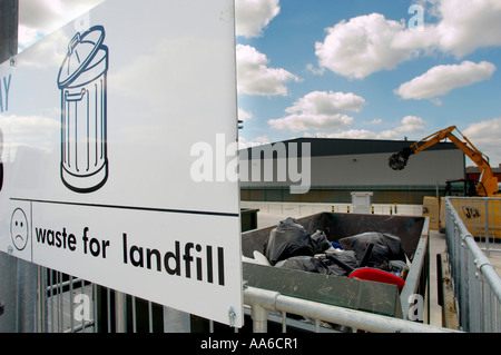 Cartello rifiuti per discarica con l'icona del volto triste, con un salto pieno di sacchetti neri in lontananza, in un centro di gestione rifiuti a York, Regno Unito Foto Stock