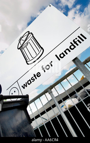 Immagine angolata di un cartello "rifiuti per discarica" in un centro di riciclaggio e smaltimento rifiuti a York, North Yorkshire, Regno Unito. Foto Stock