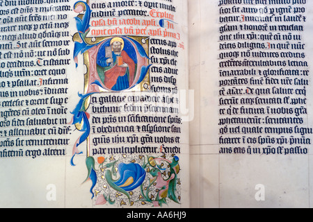 Dettaglio da una Bibbia manoscritta risalente al 1407 in mostra a Malmesbury Abbey, Wiltshire UK Foto Stock