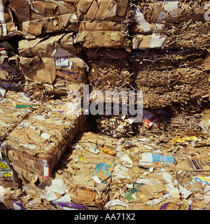 Balle di cartone e carta marrone rifiuti in attesa di trasporto prima di essere riciclata Foto Stock