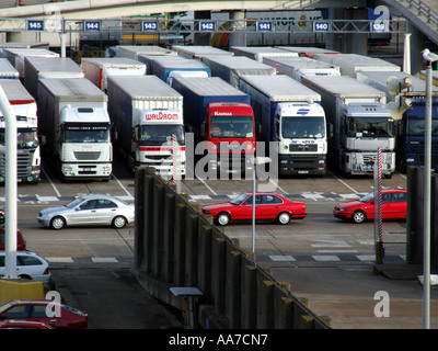 Porto di Dover Kent Southern England Regno Unito. Camion e auto attendere le istruzioni di caricamento. Foto Stock