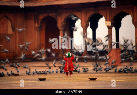 Giovane bambino indiano scattering piccioni nel cortile della Moschea Jama Masjid, Vecchia Delhi, India del Nord Foto Stock