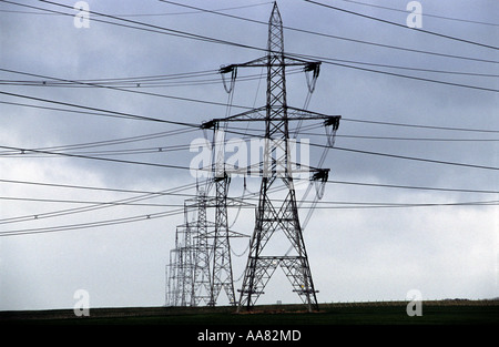 Di energia elettrica ad alta tensione cavi e tralicci che attraversano la campagna dello Yorkshire nei pressi di Drax Coal Fired power station, UK. Foto Stock