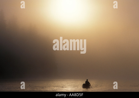 Una canoa scivola attraverso la nebbia e la nebbia di mattina d'estate sul fiume Restigouche nel nord di New Brunswick Canada Foto Stock