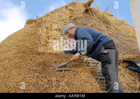 L'uomo ricoprendo di paglia cottage tetto, Oxfordshire, Regno Unito Foto Stock