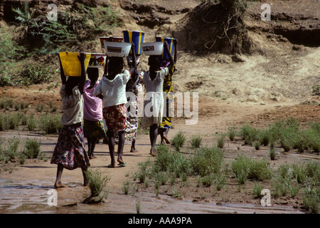 Vicino a Niamey, Niger, Africa occidentale. Fulani ragazze portando acqua Home Foto Stock