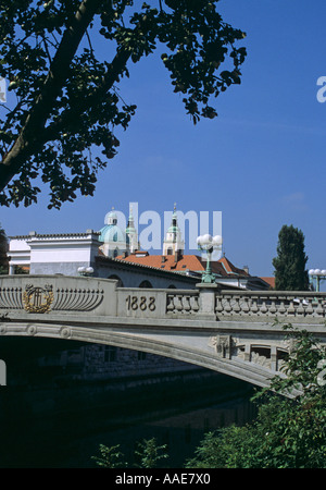 Il ponte di Drago Zmajski più e il San Nicolò cattedrale in background Ljubljana Slovenia Foto Stock