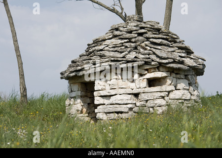 Piccolo kazun edificio in pietra in Istria Croazia, Europa con erba prato in primo piano e il bel cielo blu in background Foto Stock