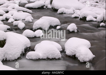 Neve sulle rocce in magazzino Ghyll in Ambleside dopo forti nevicate invernali, Lake District, Cumbria, Regno Unito Foto Stock