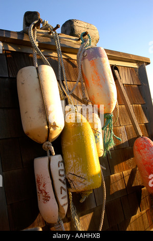 Molti colori vivaci di legno verniciato crab pot galleggianti e corde appendere fuori su una spiaggia di muro di casa. Foto Stock