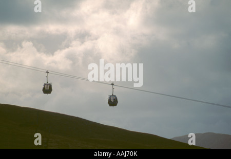 Ski lift cable cars against a dark sky, Ben Nevis area, Highland Region, Scotland, UK. Foto Stock