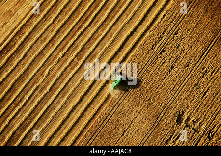 Vista aerea della mietitrebbia lavora su una fattoria Foto Stock
