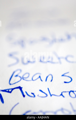 Una chiusura di una lista della spesa scritta in inglese con una penna di colore blu sul retro di una busta bianca Foto Stock