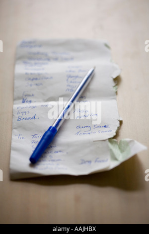La shopping list scritto in inglese con una penna di colore blu sul retro di una busta bianca giacente su un effetto legno piano cucina Foto Stock