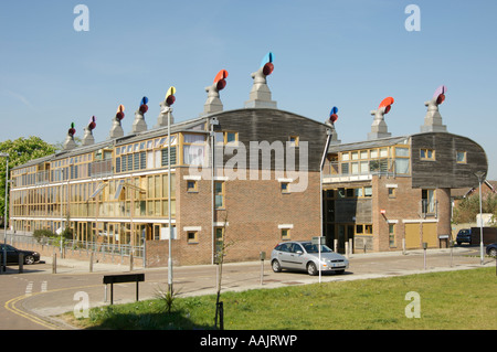 Beddington Zero Energy Development. Sviluppo di alloggi moderni e sostenibili nel sud di Londra, Regno Unito. Foto Stock