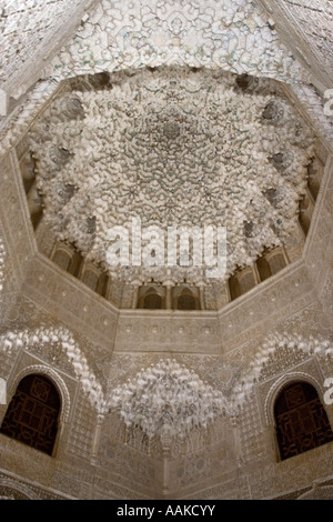 Complessamente intarsiato all'interno del soffitto El Palacio Nazaríes Alhambra Granada Spagna Foto Stock