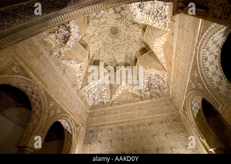 Complessamente intarsiato all'interno del soffitto El Palacio Nazaríes Alhambra Granada Spagna Foto Stock