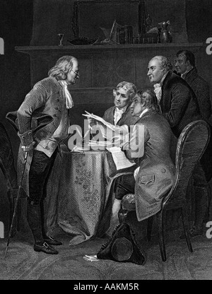 Incisione di Franklin JEFFERSON ADAMS LIVINGSTON & SHERMAN riuniti intorno al tavolo redazione dichiarazione di indipendenza Foto Stock