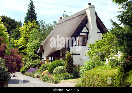 Un cottage con tetto di paglia nel villaggio di Little Comberton in WORCESTERSHIRE REGNO UNITO Foto Stock