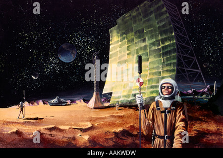 Anni sessanta illustrazione astronauti sulla luna masse SPACEMAN GEOMETRI esploratori fantascienza romanzo di fantascienza Foto Stock