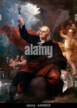 La pittura di Benjamin Franklin toccando il tasto attaccata alla stringa di kite in temporali con fulmini sensazione di scienza di elettricità Foto Stock