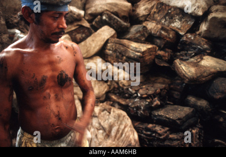 L'Amazzonia, Brasile. I lavoratori della gomma di caricamento nel carrello. Esportazione delle risorse naturali Foto Stock