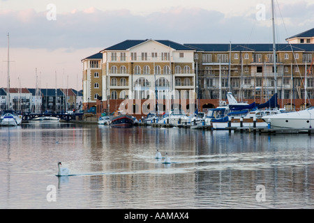 Porto di sovrani in Eastbourne East Sussex barche ormeggiate davanti esclusivi di nuova costruzione di appartamenti e appartamenti Foto Stock