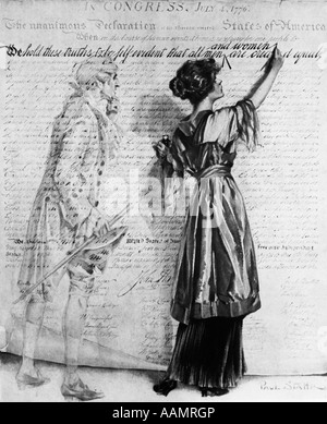 1900s disegno donna inserendo la scrittura di parole e le donne nella dichiarazione di indipendenza Foto Stock