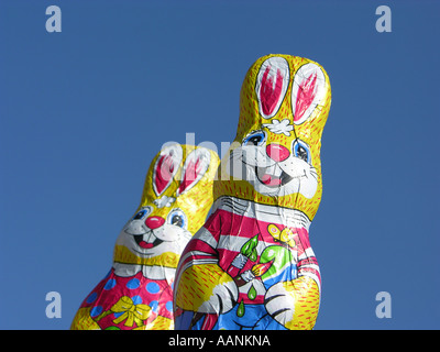 Cioccolato due conigli pasquali di fronte a un profondo cielo blu Foto Stock