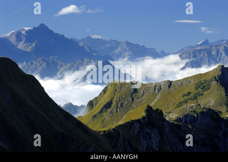 Allgaeu Alpi, vista modulo Mt. Nebelhorn, in Germania, in Baviera, Allgaeu, Oberstdorf Foto Stock