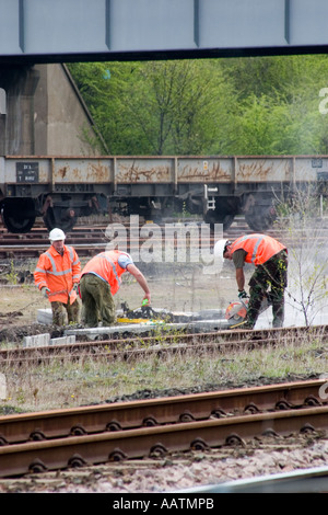 Miglioramenti a terra e riparazioni Horbury Bridge uomini al lavoro per la riparazione di apparecchiature al lato della stazione West Yorkshire spazio libero per il testo Foto Stock